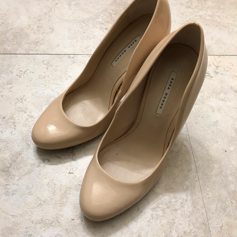 Zara Beige Nude Pump Patent Leather Heels